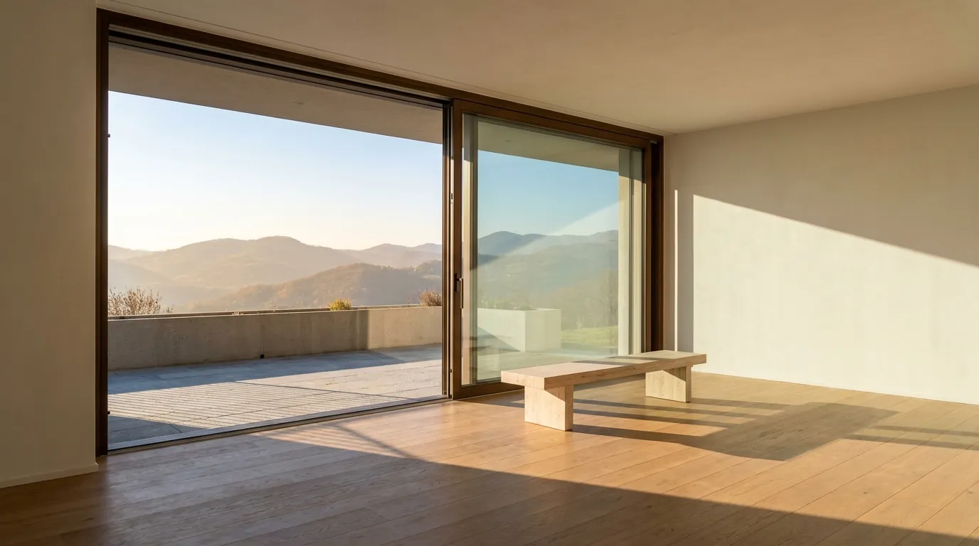 Alzante scorrevole in legno con vista sulla valle