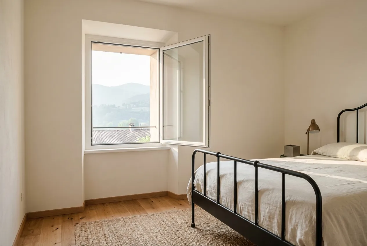 Finestra in PVC bianco in una camera da letto
